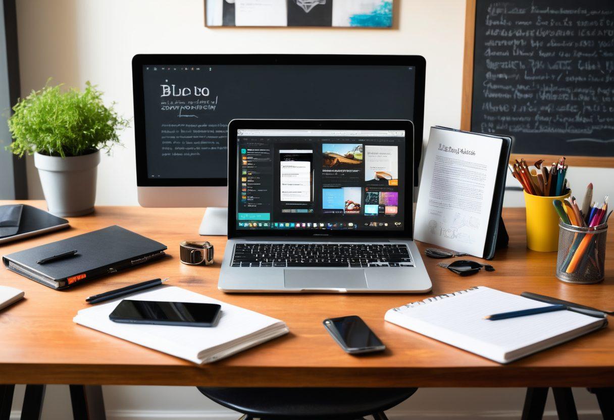 A sleek desk setup with the latest tech gadgets, including a laptop, tablet, and smartphone displaying vibrant blogging interfaces. Surrounding the workspace, open books and unique tools representing essential blogging resources, illuminated by warm natural light. In the background, a chalkboard filled with tips and ideas for blog elevation. Modern aesthetic. super-realistic. vibrant colors.