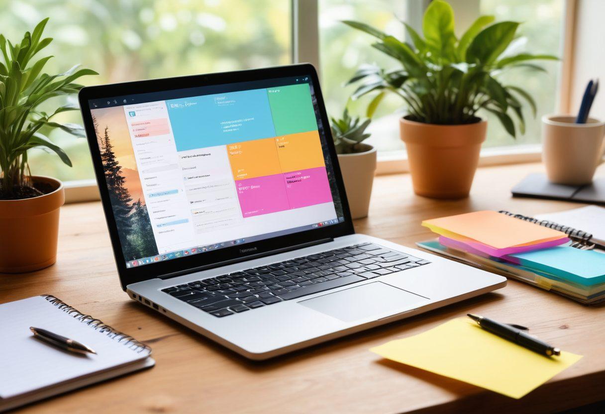 A bright, open laptop with an inviting blog interface showcasing tips and notes about online journaling. Surrounding the laptop are colorful sticky notes with motivational quotes and tools for writing, such as a coffee cup, a notebook, and a pen. The background features a cozy workspace with plants and a soft light, creating a warm atmosphere of creativity. super-realistic. vibrant colors. cozy setting.