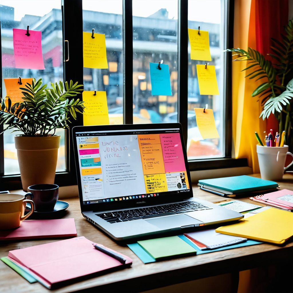 A vibrant workspace showcasing a laptop with a beautifully designed online journal on the screen, surrounded by colorful stationery and a steaming cup of coffee. In the background, there are motivational quotes on sticky notes and a vision board filled with ideas for growth. A window lets in warm sunlight, adding an inspiring ambience. The scene radiates creativity and entrepreneurial spirit. bright colors. modern design. 3D.